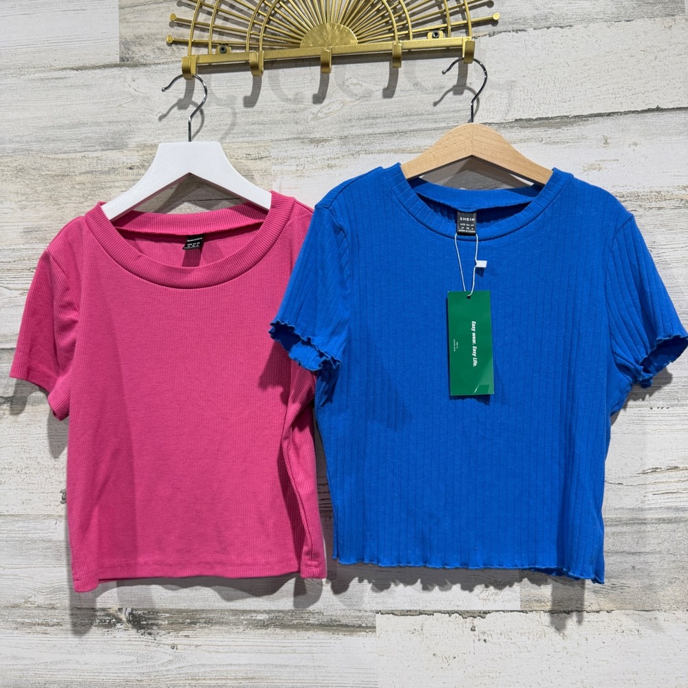 SHEIN Ribbed Crop Top Set Women M Blue Pink Lettuce Trim Y2K Basics